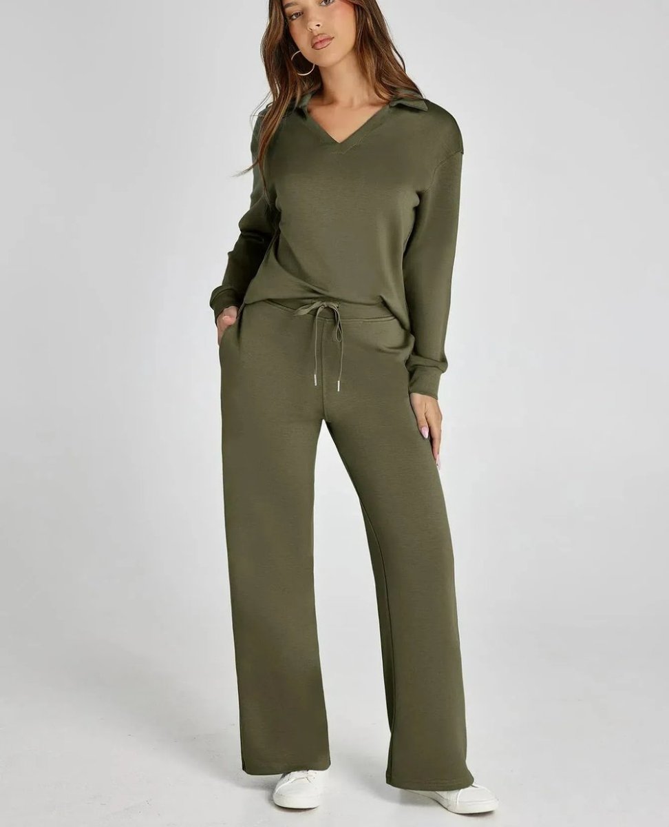 Combinaison vert olive à encolure en V, manches longues et pantalon ample à cordon