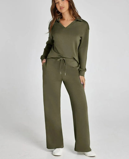 Combinaison vert olive à encolure en V, manches longues et pantalon ample à cordon