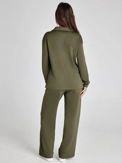 Combinaison vert olive à manches longues et pantalon évasé, vue dos