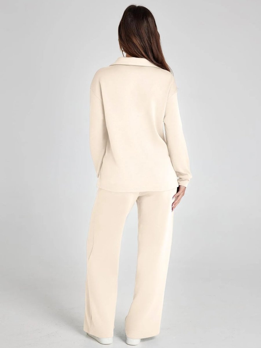 Combinaison blanc cassé à manches longues et pantalon évasé, vue dos