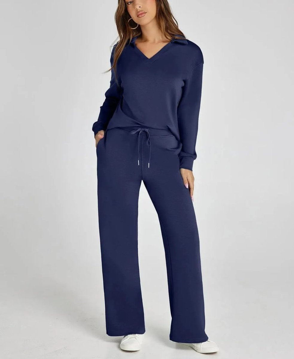 Combinaison bleu foncé à encolure en V, manches longues et pantalon ample à cordon