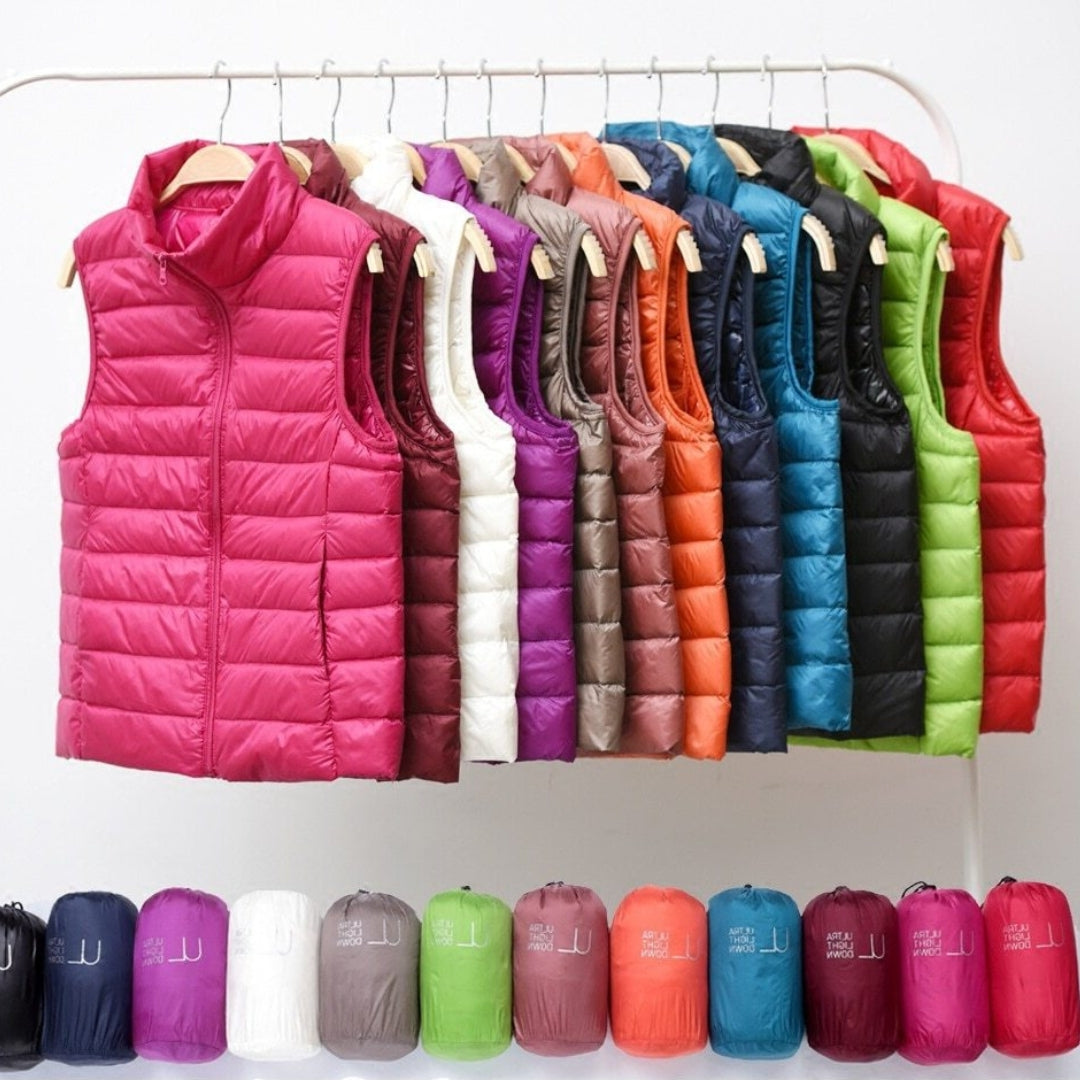 Gilets sans manches matelassés multicolores, fermetures zippées, col montant.