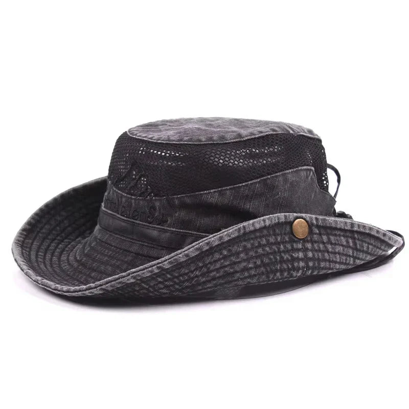 Chapeau d’extérieur respirant noir, grand bord côtelé, maille, bouton doré