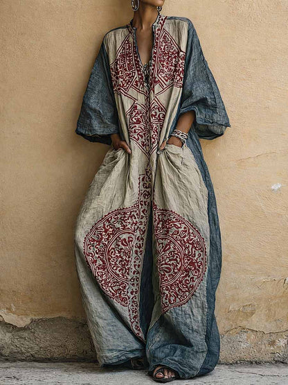 Combinaison longue ample devant bleu indigo, broderie bordeaux et base beige