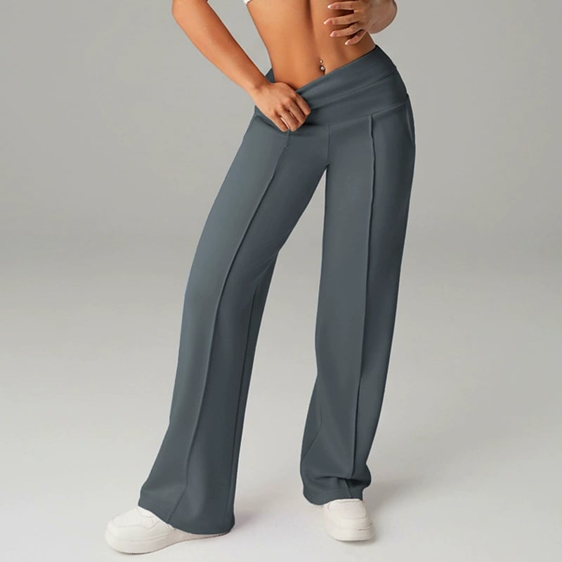 Pantalon femme à jambes larges et droites, taille haute. Tissu extensible