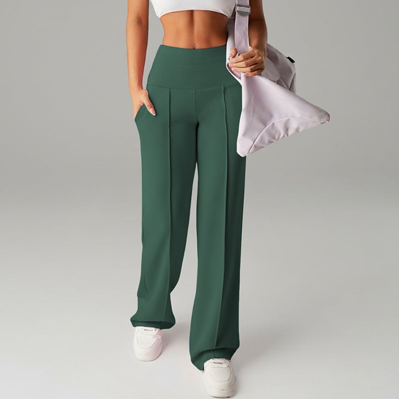 Pantalon femme à jambes larges et droites, taille haute. Tissu extensible