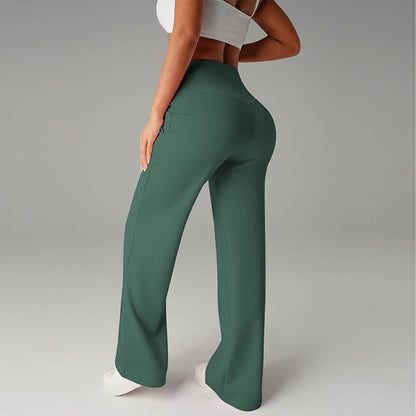 Pantalon femme à jambes larges et droites, taille haute. Tissu extensible