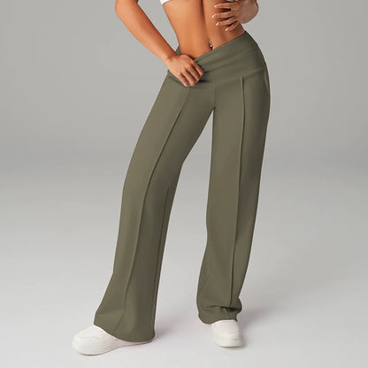 Pantalon femme à jambes larges et droites, taille haute. Tissu extensible