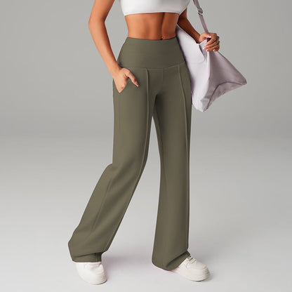 Pantalon femme à jambes larges et droites, taille haute. Tissu extensible