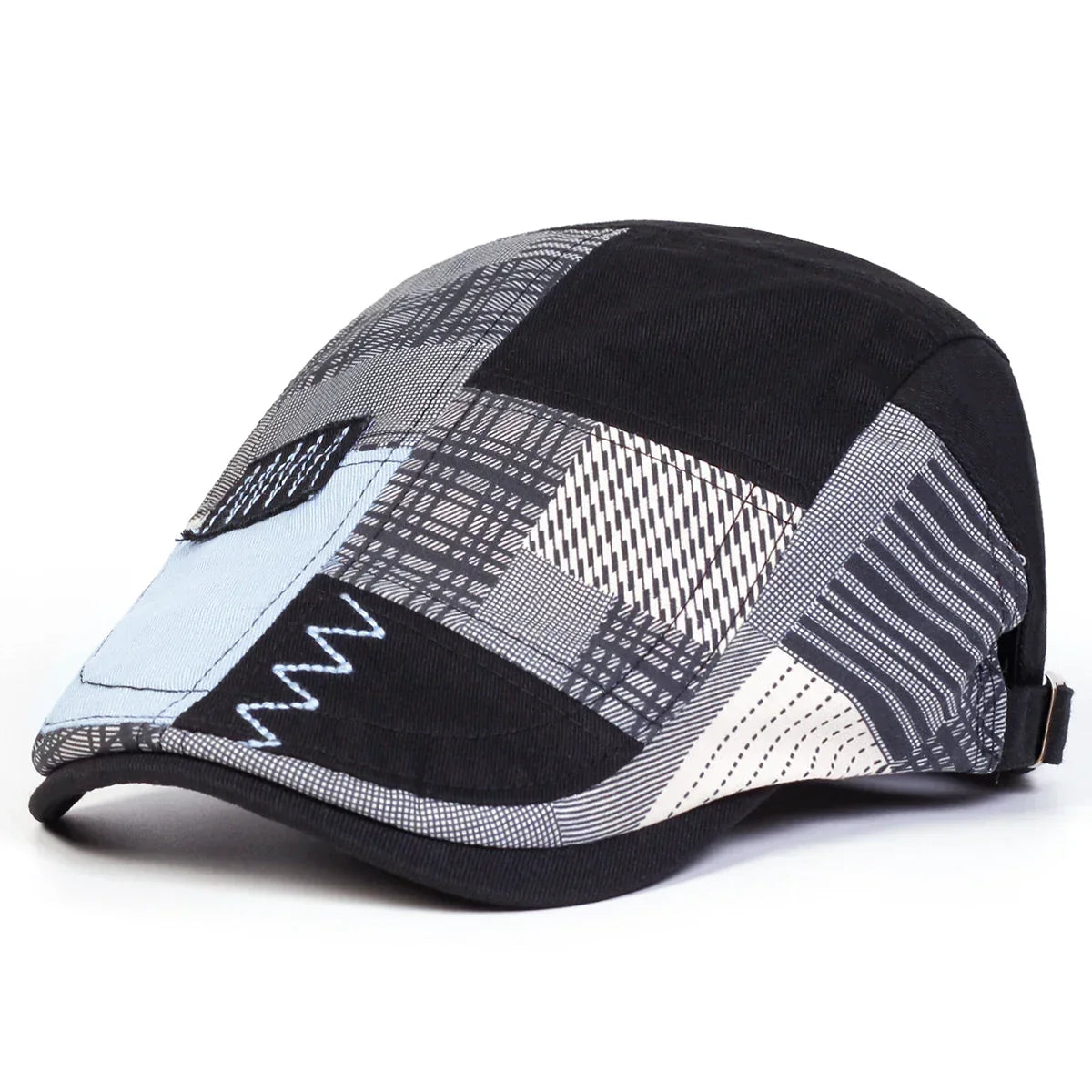 Casquette homme patchwork noir, liserés à motifs chevrons et fermeture réglable.
