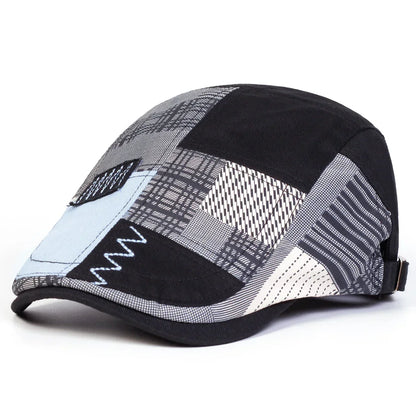 Casquette homme patchwork noir, liserés à motifs chevrons et fermeture réglable.
