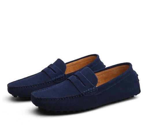 Mocassins homme en daim bleu marine, patte à l’avant et semelle épaisse