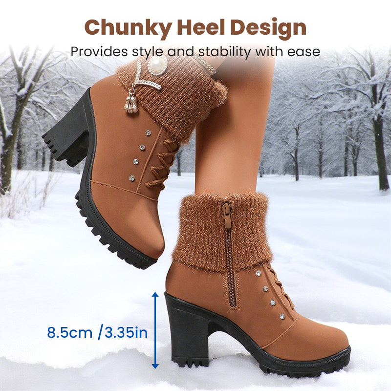 Bottines femme marron talon épais, fermeture zippée, manchette fausse fourrure et lacets