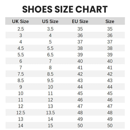 Tableau des tailles de chaussures, UK US EU