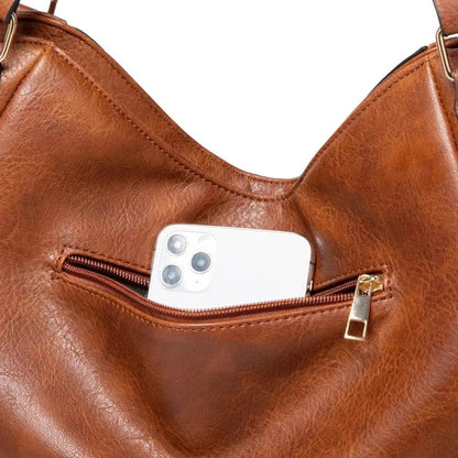 Poche zippée du sac en cuir marron, compartiment intérieur pour téléphone