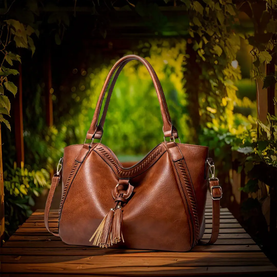 Sac à bandoulière en cuir marron, bandoulière réglable et gland décoratif