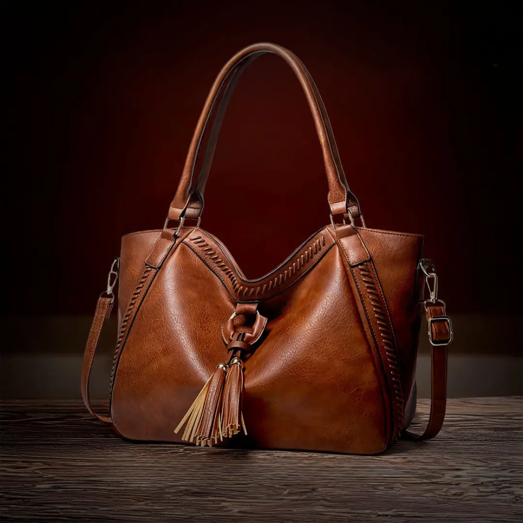 Sac à bandoulière en cuir marron, anses hautes, gland et fermeture centrale