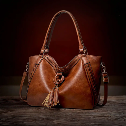 Sac à bandoulière en cuir marron, anses hautes, gland et fermeture centrale