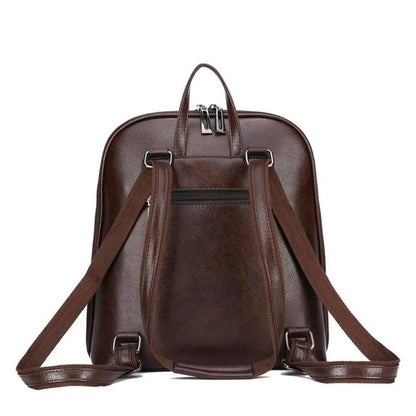 Sac à dos en cuir marron à double zip, poches avant et bretelles