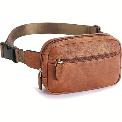 Sac bandoulière en cuir marron, poche zippée et sangle réglable.