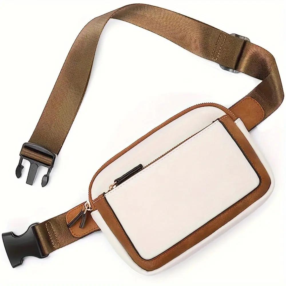 Sac banane beige et marron avec poche avant blanche et bandoulière réglable