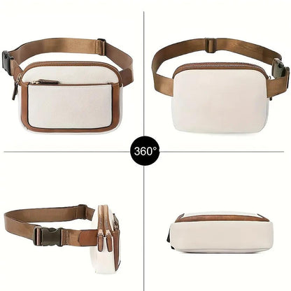 Sac bandoulière bicolore beige et marron, poche zippée, sangle réglable.