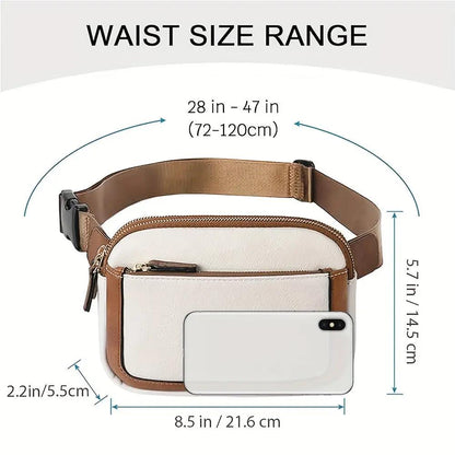 Sac banane blanc avec liseré marron, ceinture réglable et fermeture zippée