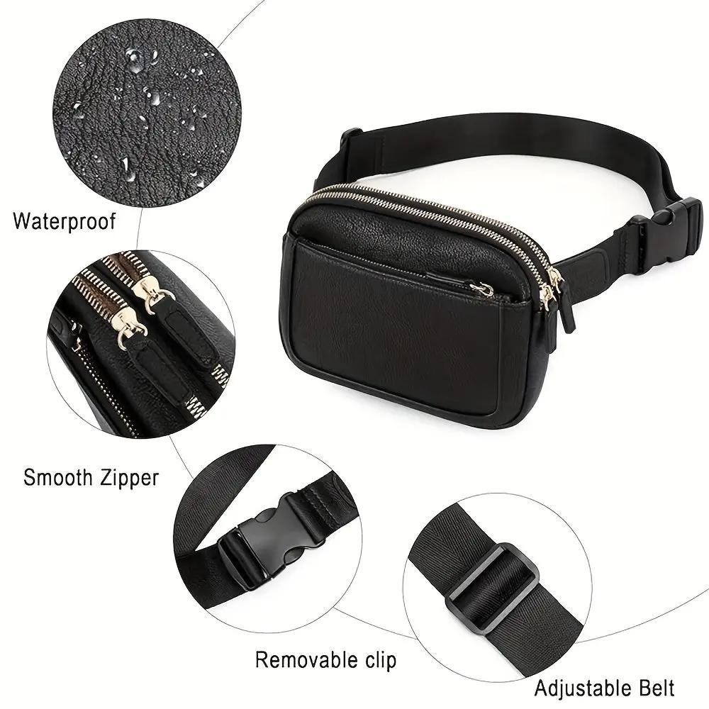 Sac banane noir avec fermeture zippée, ceinture réglable et attache amovible