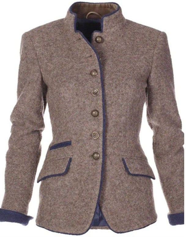Veste blazer en laine marron, col droit, boutons, poches et poignets contrastés bleu.