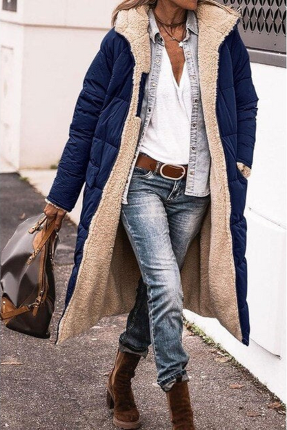 Manteau réversible bleu marine à capuche doublure beige style laine bouclée