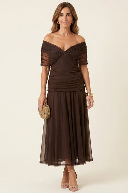 Robe longue en tulle drapée Carlota™, marron, encolure croisée, jupe fluide en tulle