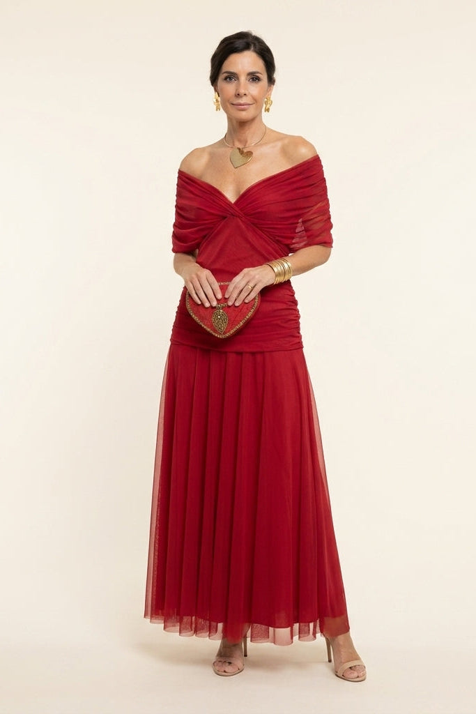 Robe longue en tulle drapée Carlota™, rouge, encolure croisée, jupe en tulle plissé