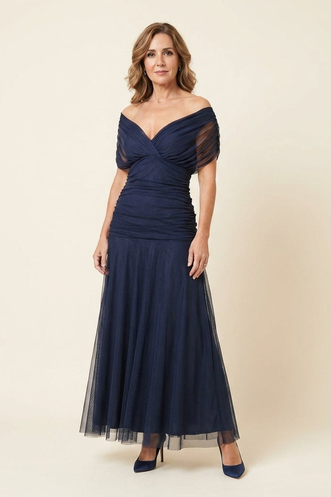 Robe longue en tulle drapée Carlota™, bleu marine, encolure croisée, manches drapées