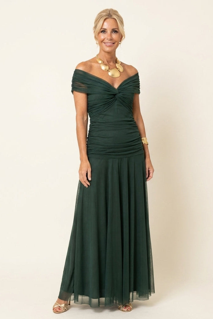Robe longue en tulle drapée Carlota™, vert, encolure croisée, jupe en tulle plissé