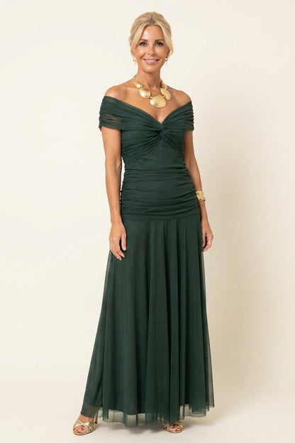 Robe longue en tulle drapée Carlota™, vert, encolure croisée, jupe en tulle plissé