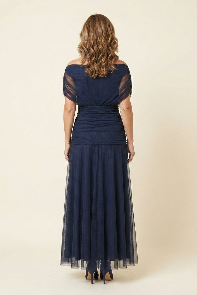 Robe longue en tulle drapée Carlota™, bleu marine, dos encolure bateau, jupe en tulle