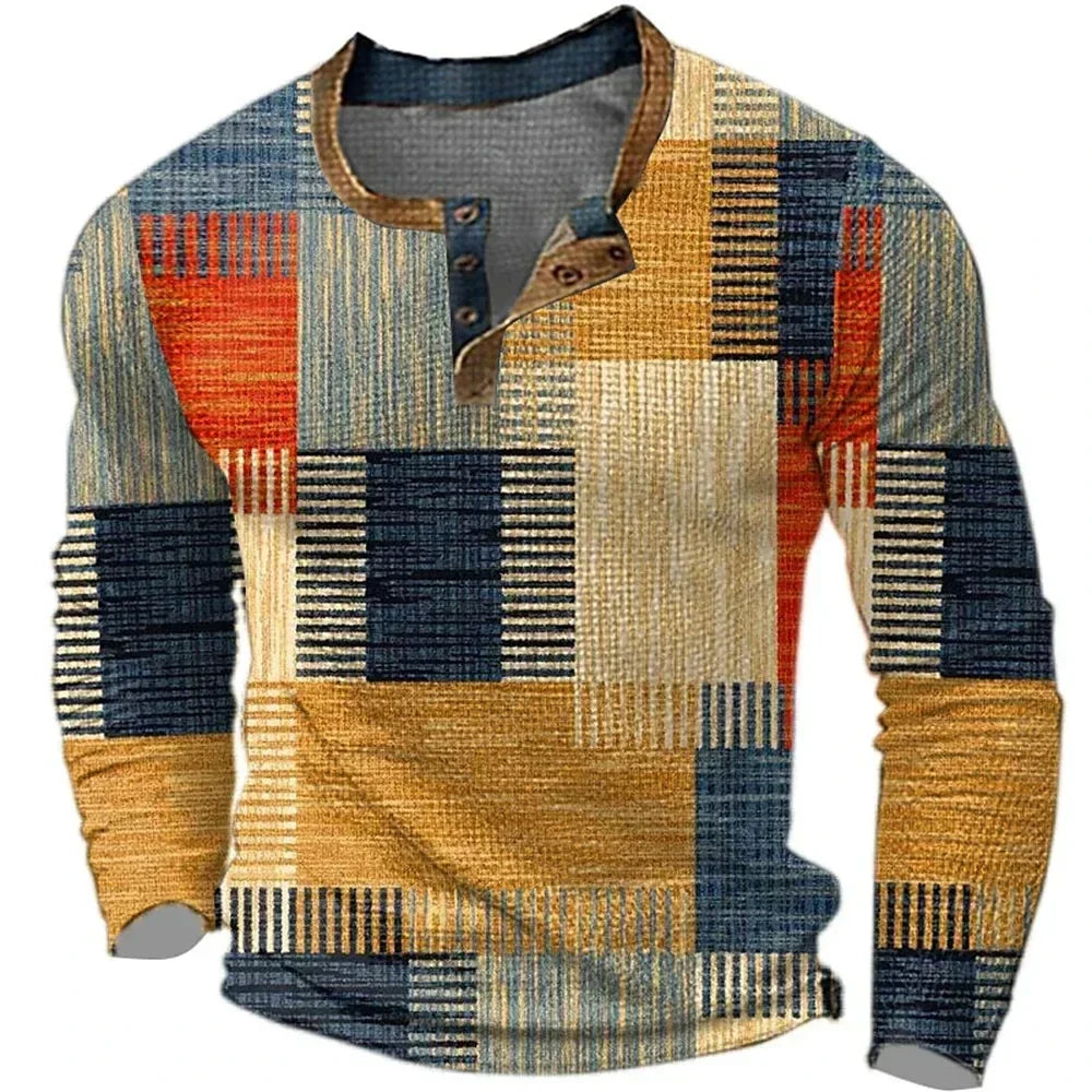 Chemise homme patchwork bleu, marron et orange, encolure boutonnée, manches longues