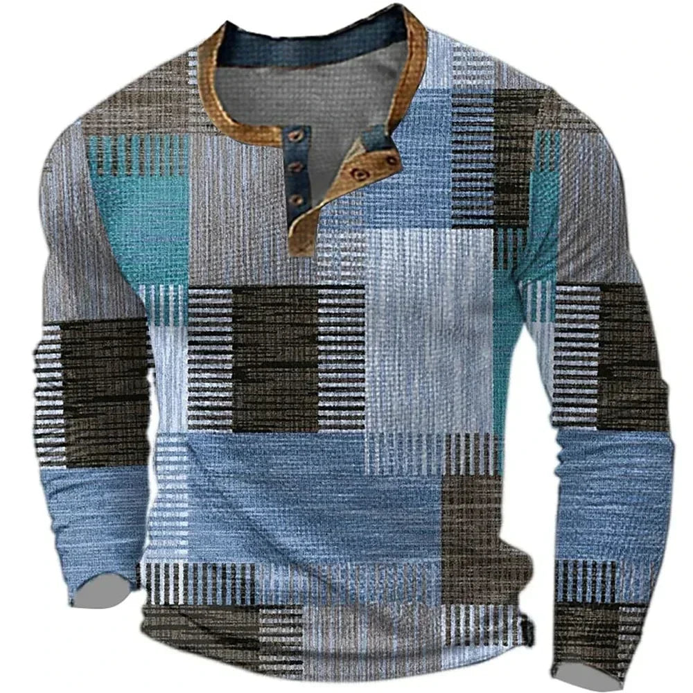 Chemise homme patchwork bleu et gris, encolure boutonnée, manches longues