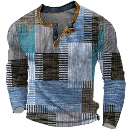 Chemise homme patchwork bleu et gris, encolure boutonnée, manches longues