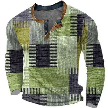Chemise homme patchwork vert et gris, encolure boutonnée, manches longues