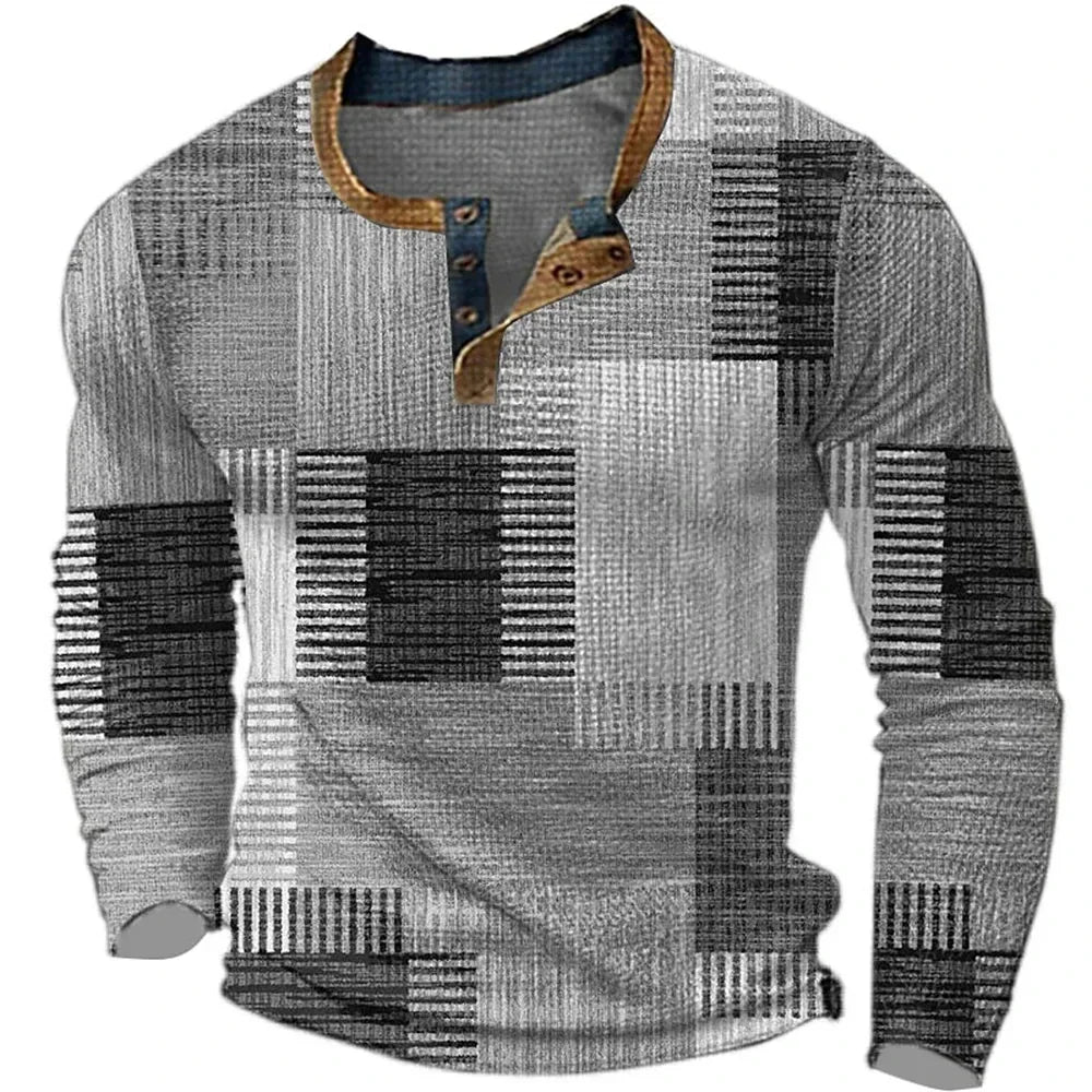 Chemise homme patchwork gris et noir, encolure boutonnée, manches longues