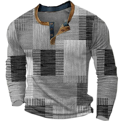 Chemise homme patchwork gris et noir, encolure boutonnée, manches longues