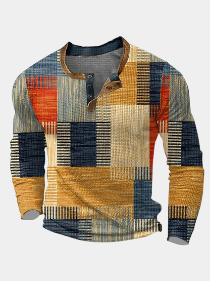 Chemise homme patchwork marron, bleu et orange, encolure boutonnée, manches longues