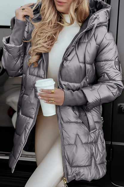 Manteau femme à capuche Danoir Paris™ matelassé gris, fermeture zippée, capuche
