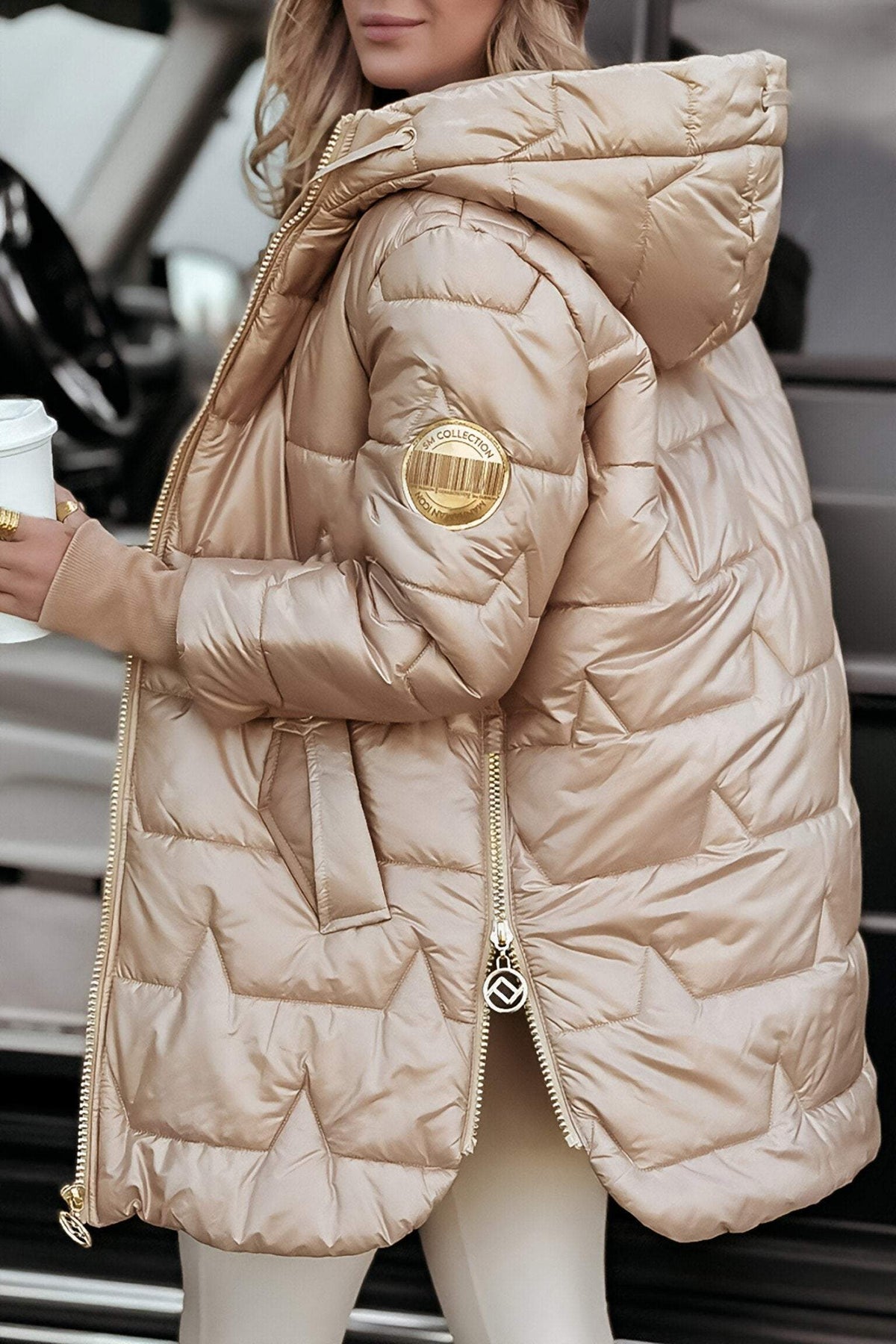 Manteau femme à capuche Danoir Paris™ matelassé beige, fermeture zippée, capuche