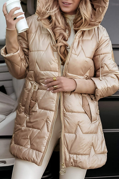 Manteau femme à capuche Danoir Paris™ matelassé beige, capuche à cordon, zippé
