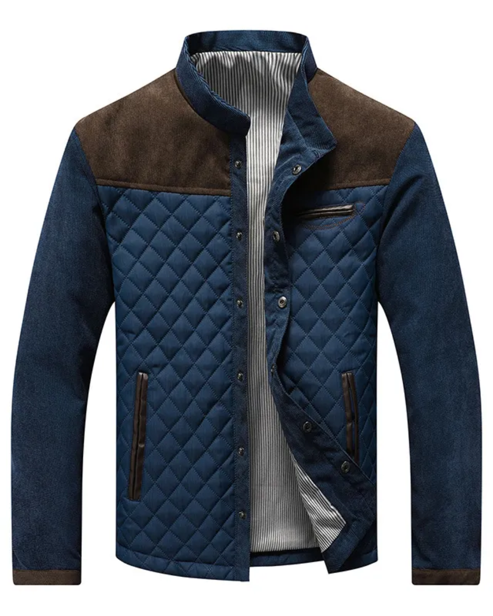 Veste de luxe homme bicolore marron et bleu marine, fermeture boutonnée, poches zippées.