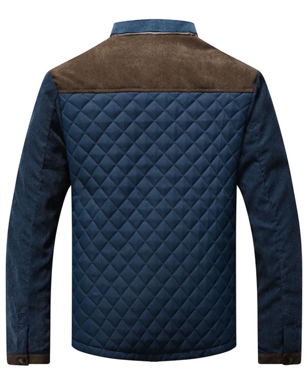 Veste de luxe homme bicolore : col et empiècement marron, matelassage bleu marine.