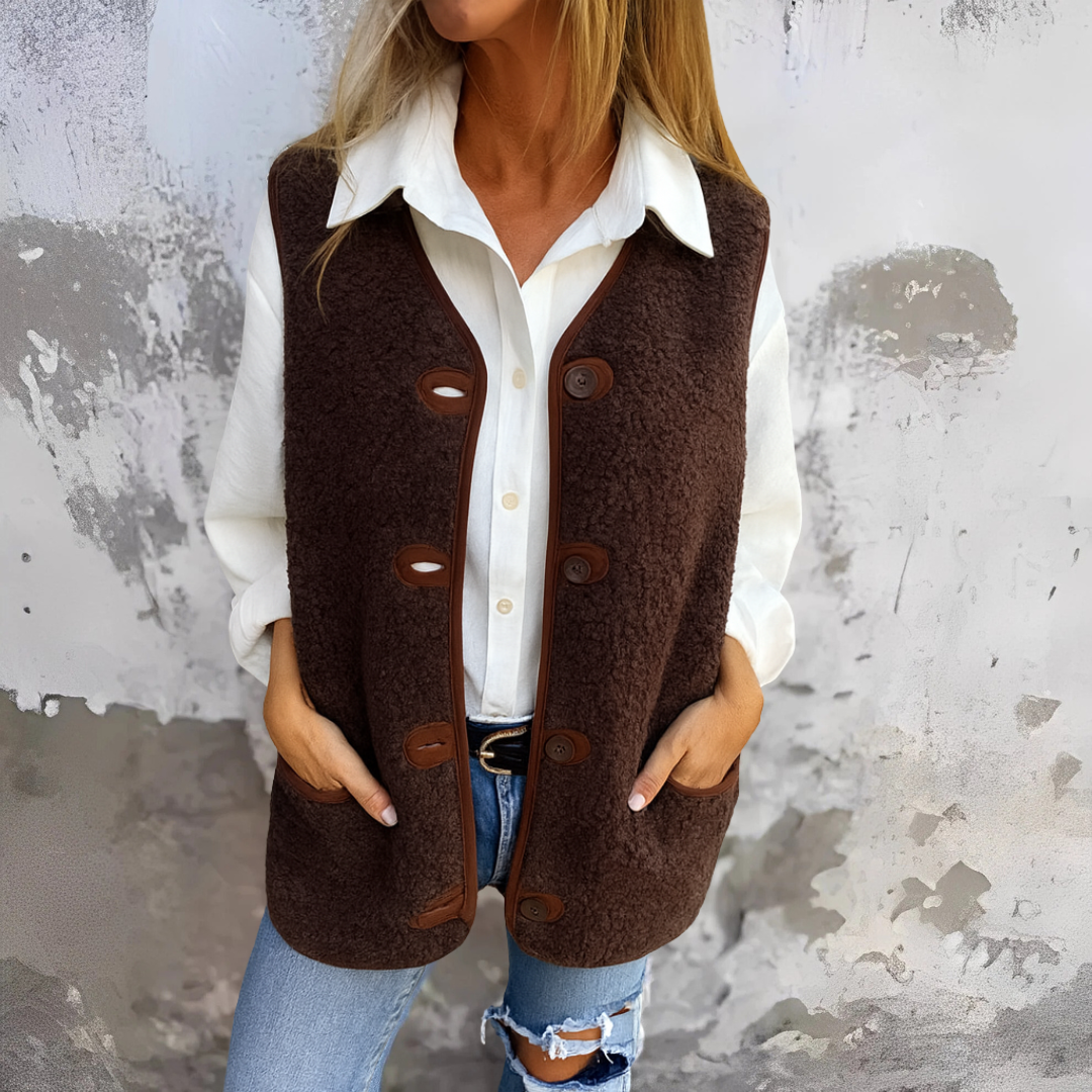 Gilet sans manches en tissu doux marron, fermeture boutonnée, poches plaquées