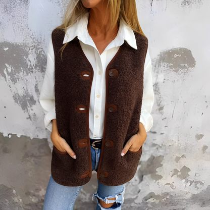 Gilet sans manches en tissu doux marron, fermeture boutonnée, poches plaquées